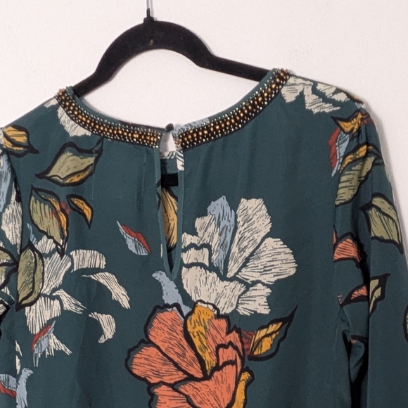 Maeve Anthropologie Mini Dress Green Peonies 3/4 Sleeve Small Beaded Neck Sz PS - Picture 7 of 14